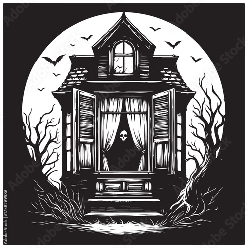 Scary haunted house window, vector image