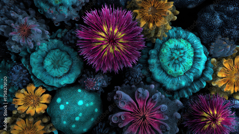 Fototapeta premium Vibrant coral reef system showcases stunning array of colorful marine life with intricate patterns and textures creating mesmerizing underwater