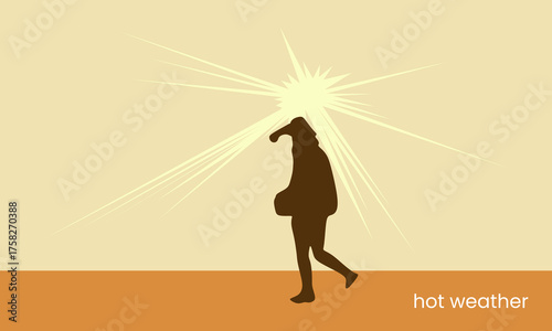 Minimal vector illustration of a person walking under strong sunlight, representing hot weather, heat stress, and climate change impact.
