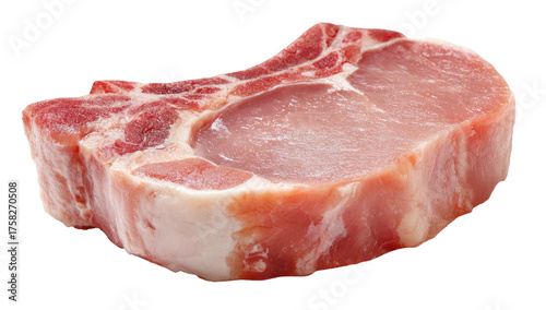 A single, raw pork chop, showcasing the marbled texture of the meat, isolated against a dark background