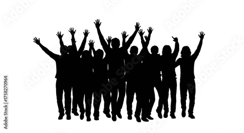 Dynamic black silhouette of a large, cheering crowd of people with their hands raised in joyful celebration, a vector illustration