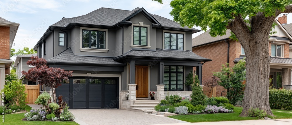 Fototapeta premium Modern two-story house with a well-maintained yard and driveway, featuring landscaping and a large tree in a suburban neighborhood