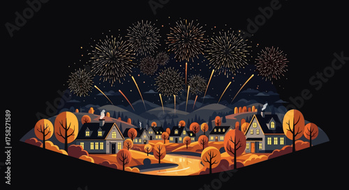 Vibrant celebratory fireworks light up a picturesque village nestled among rolling hills and glowing autumn trees on a festive night