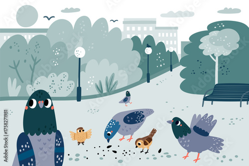 Pigeons in Park. Cute Street Doves and S
