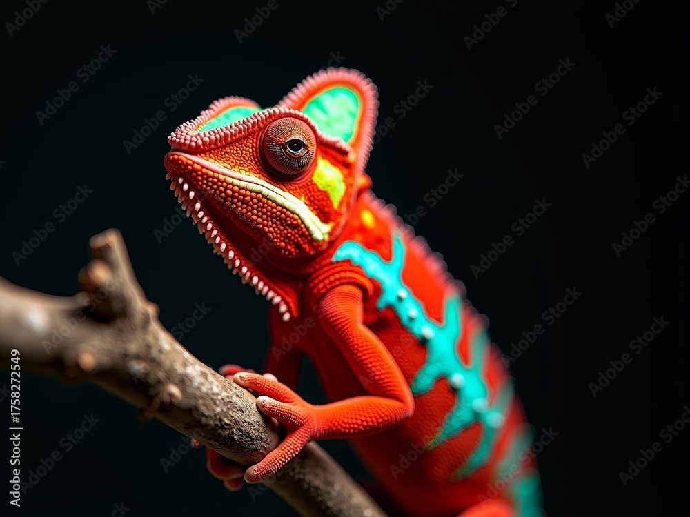 Obraz premium Vibrant red and turquoise chameleon perched on a branch. Macro portrait of an exotic reptile with colorful skin