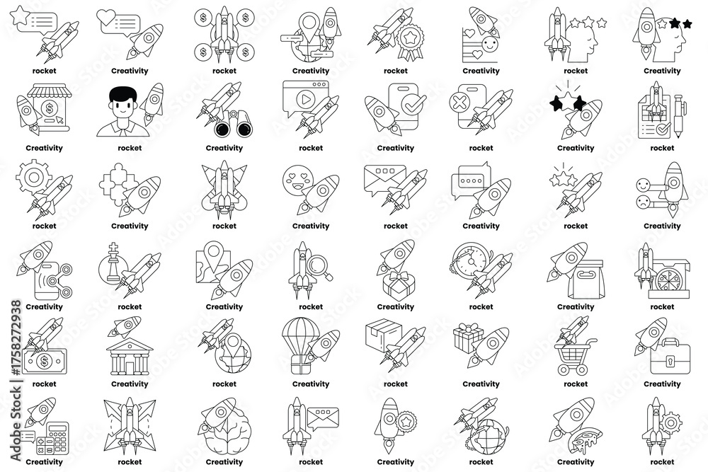 Fototapeta premium set of illustrations in the concept of rockets and various objects in line art style