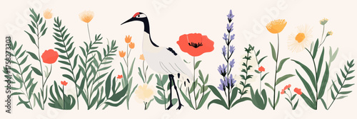 Elegant crane bird standing among delicate colorful wild flowers and green foliage in flat minimalist botanical vector illustration for natural background or pattern design