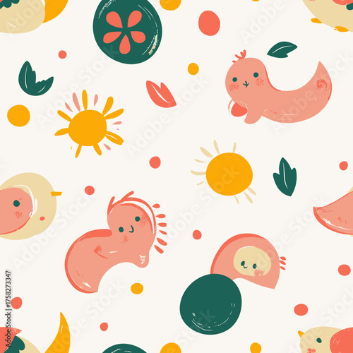 Seamless pattern with cute whimsical baby creatures and abstract colorful floral and leaf elements in flat minimalist vector style for children design backgrounds and baby products packaging