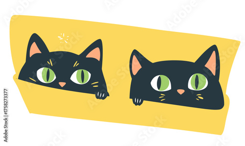 Two black cats with green eyes peeking from windowsill flat minimalist vector illustration playful sly kittens hiding peeking curious pets design