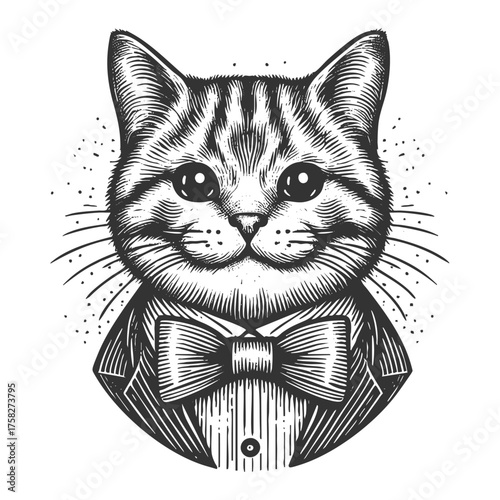 fluffy cat wearing a bow tie, combining elegance and cuteness in classic style sketch engraving generative ai fictional character vector illustration. Scratch board imitation. Black and white image.