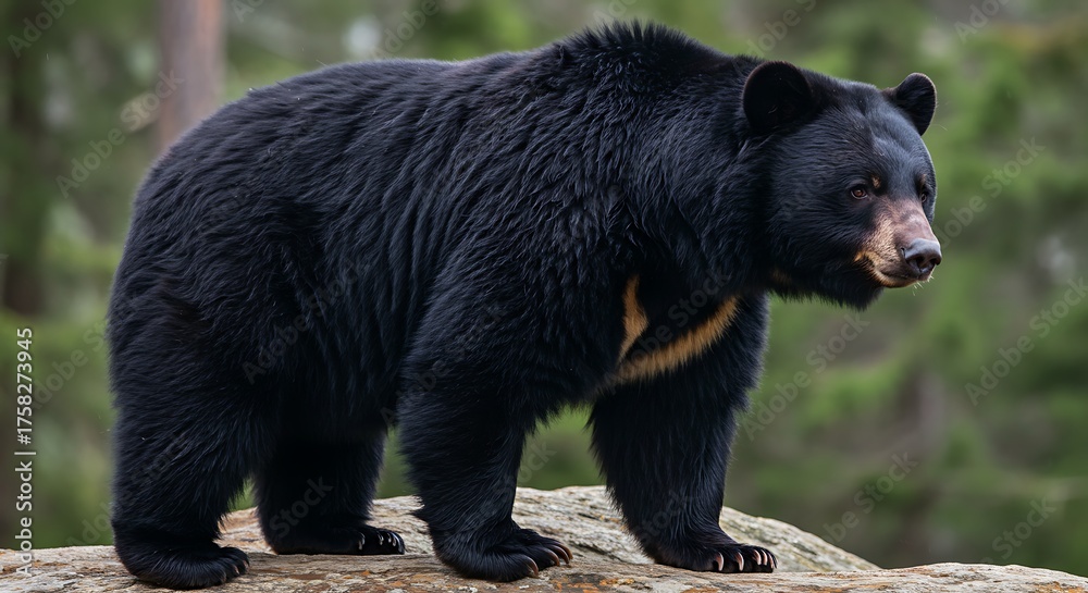 Fototapeta premium Black bear standing on a rock looking at the camera with blurred forest background