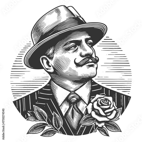mafia boss wearing a fedora and pinstripe suit, adorned with a rose on his lapel sketch engraving generative ai fictional character vector illustration. Scratch board imitation. Black and white image.