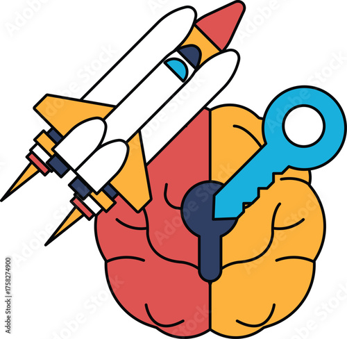 A rocket is flying in the sky and a key is being held by a person