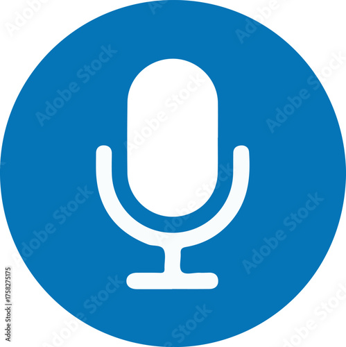 Microphone icon. white microphone call recording icon on blue round circle transparent background. Mic icon, voice icon symbol button.
