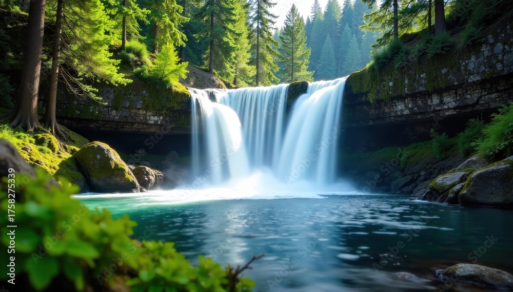 Fototapeta premium Yellowstone Waterfall and Forest Cascading water and lush evergreen forest A powerful waterfall in Yellowstone National Park, with water cascading over moss covered rocks into a clear, flowing river