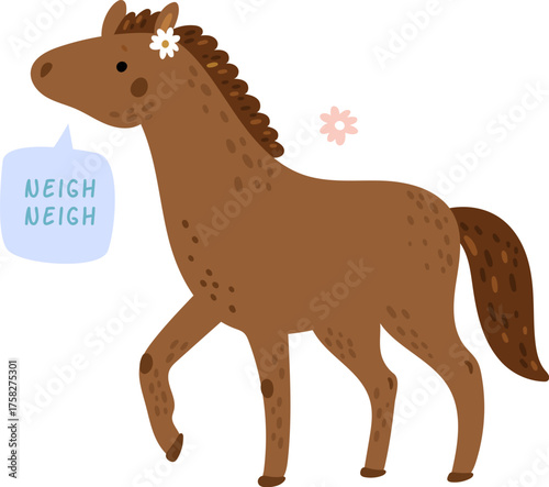 Horse with Neigh Sound in Speech Bubble.
