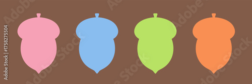 Set of simple acorn silhouettes in pastel orange, green, blue, and pink — flat vector icons for kids and eco design.