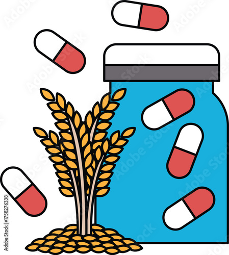 A jar of pills is on a table with a plant next to it