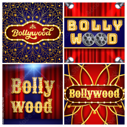Square Bollywood cards with marquee graphics and film props in realistic style