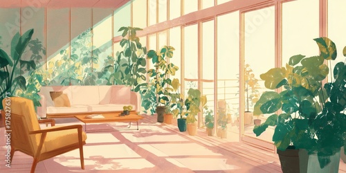 Bright living room filled with lush green plants and natural sunlight streaming through large glass windows. Cozy furniture and modern interior create a peaceful botanical atmosphere.