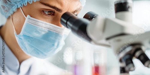 Close-up of a medical researcher in mask and cap examining samples through a microscope in a laboratory setting. Focused expression, scientific environment, research and diagnostics concept.