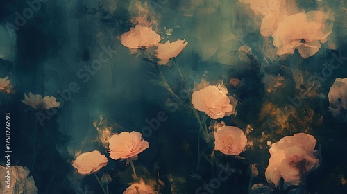 A blurry abstract painting depicting coral-colored flowers, with petals that resemble fluffy textures, conveying a sense of motion and blur, featuring soft floral elements.