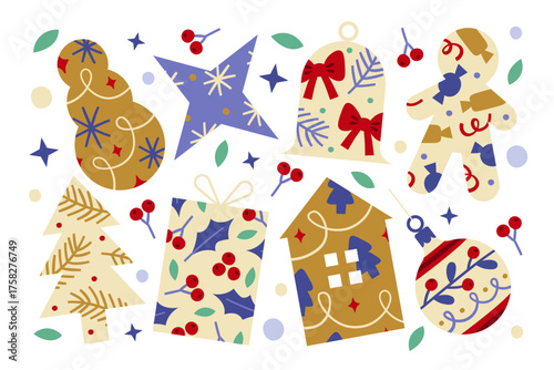 Traditional Christmas attributes silhouettes collection with vibrant, colorful festive prints