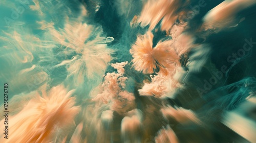 A blurry abstract painting depicting coral-colored flowers, with petals that resemble fluffy textures, conveying a sense of motion and blur, featuring soft floral elements.