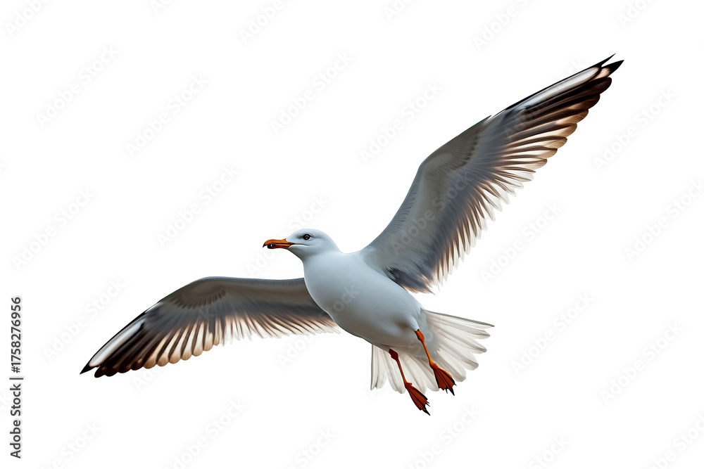 Fototapeta premium Beautiful white seabird flying in mid-air with wings spread. Detailed wildlife gull isolated on transparent background