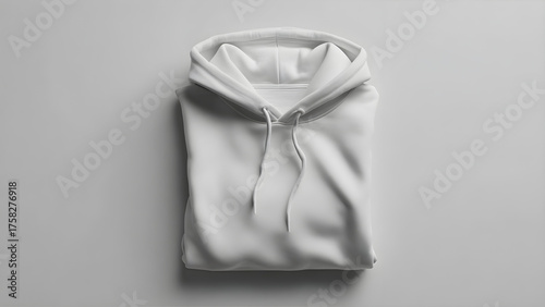Hoodie mockup folded neatly on flat surface, clean top-down view, minimal shadows

