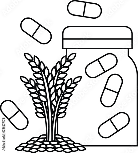 A jar of pills is on a table with a plant next to it
