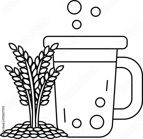 A black and white drawing of a cup with a plant in the background