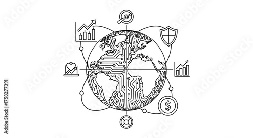 Global network security for worldwide business growth shows technology interconnectedness with data analytics and target achievement for financial gain