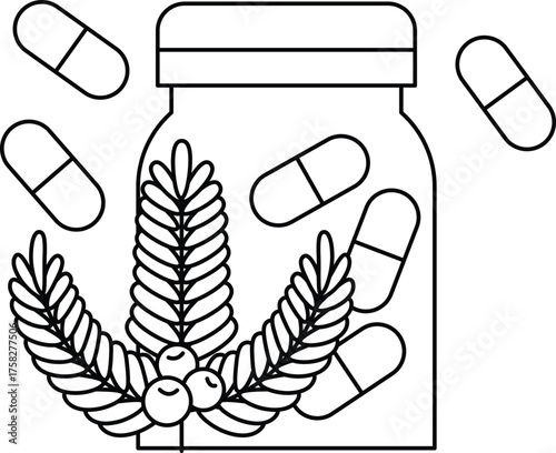 A jar of pills is surrounded by leaves