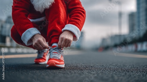 Santa Claus tying shoelaces before city race, Santa Run preparation