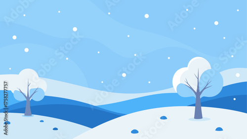 Stylized winter landscape with falling snow and snow covered trees