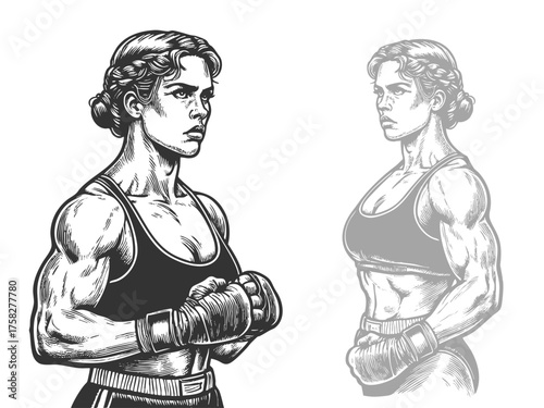 powerful woman in boxing stance wearing gloves and sportswear sketch engraving generative ai fictional character vector illustration. Scratch board imitation. Black and white image.