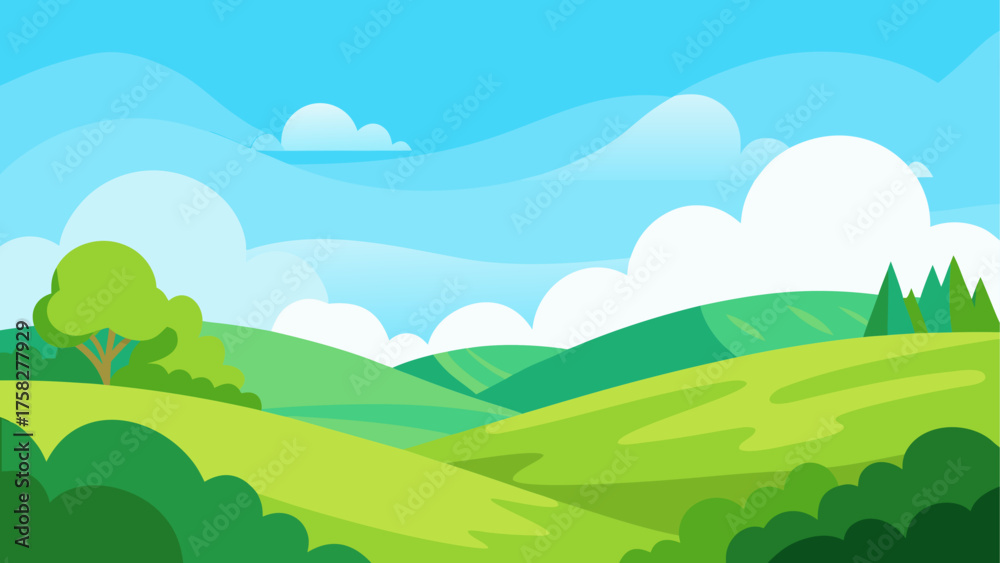 Obraz premium Vibrant green rolling hills under a bright blue sky with fluffy clouds