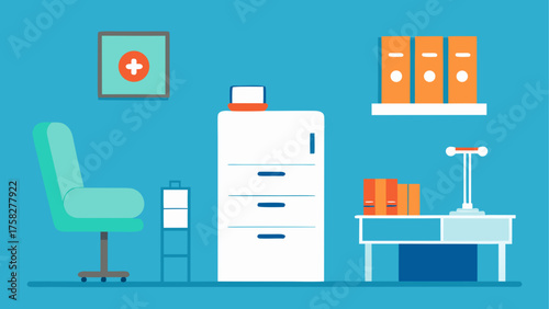 Modern doctor s office interior with medical cross and filing cabinet