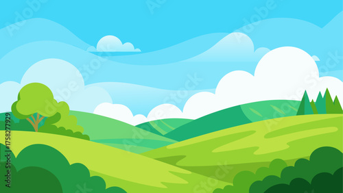 Vibrant green rolling hills under a bright blue sky with fluffy clouds