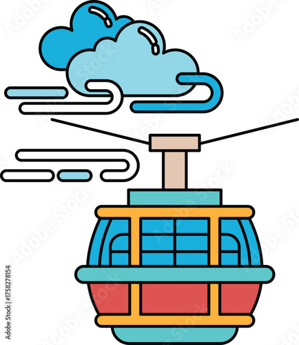 A black and white drawing of a cable car with a cloud in the background