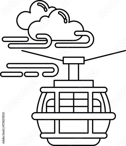 A black and white drawing of a cable car with a cloud in the background
