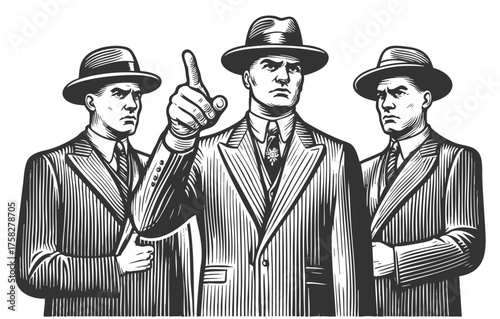 stern mob boss in pinstripe suit giving orders, flanked by two serious bodyguards in fedora hats sketch engraving generative ai fictional character vector illustration. Scratch board. Black and white.