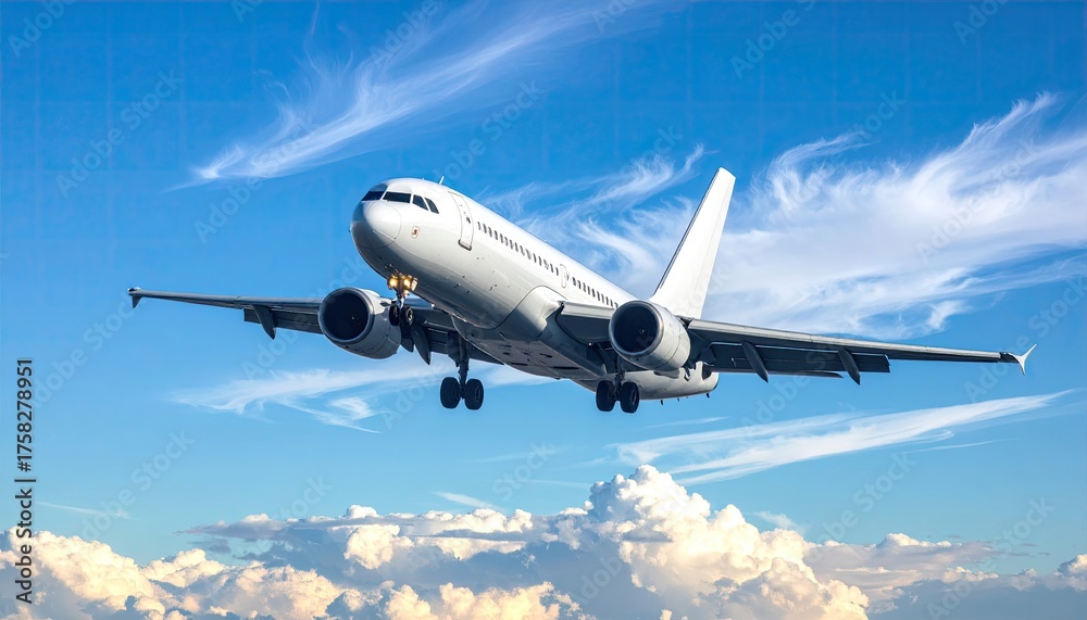 Obraz premium Commercial Airliner Ascending into a Bright Blue Sky with Wispy Clouds