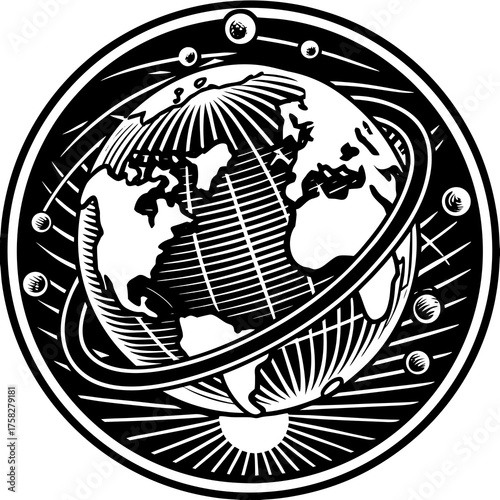 Global Dynamics: A striking graphic showcasing the Earth enveloped in a web of interconnectedness and orbits, symbolizing global interaction and the cosmos.