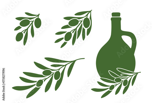 Olive oil jug and set of decorative olive branches