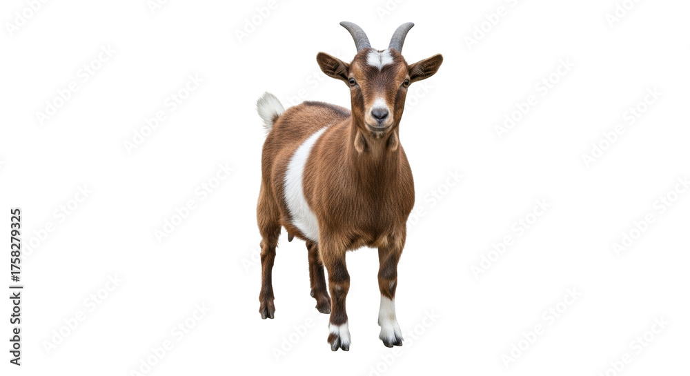 Fototapeta premium Isolated young brown goat, domestic mammal with horns, animal standing looking at camera