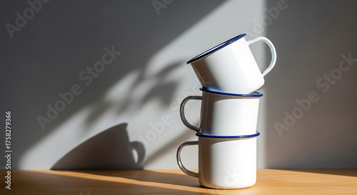 Stack of White Enamel Mugs with Blue Rim Wooden Table Gray Wall Sunlight
