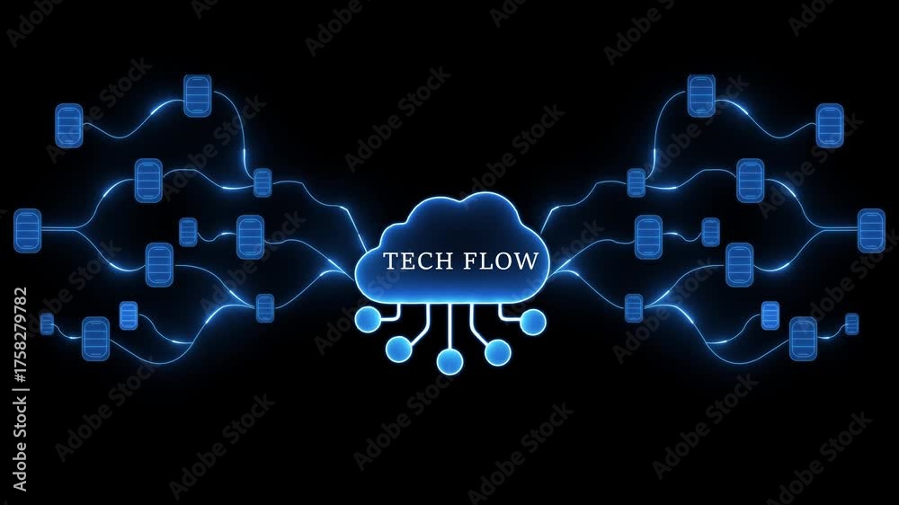Tech flow diagram with glowing blue lines connecting data nodes and a ...