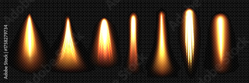 Space rocket fire and smoke trails set isolated on transparent background. Vector realistic illustration of aircraft launch contrail, jet engine blast, shuttle flame trace, missile motion speed effect